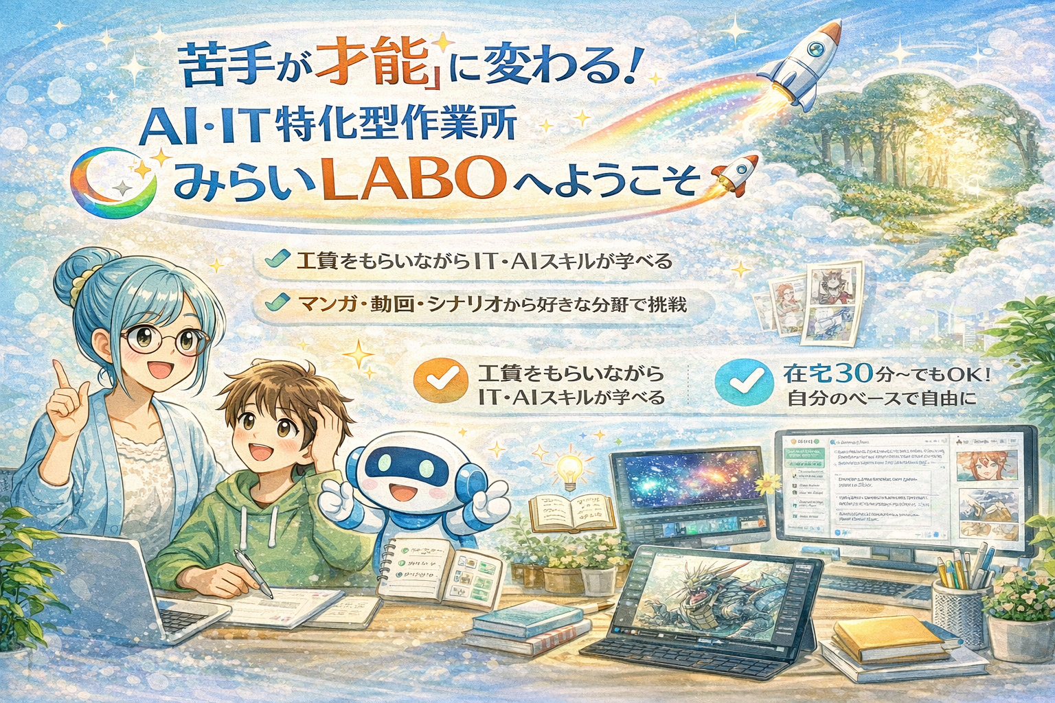 投稿についてもっと詳しく 在宅利用OKのB型作業所｜AI・ITスキルを工賃をもらいながら学ぶ「みらいLABO」