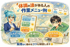 投稿についてもっと詳しく 体調の波がある人の作業メニュー例｜在宅でも続けやすい就労支援B型の進め方😊